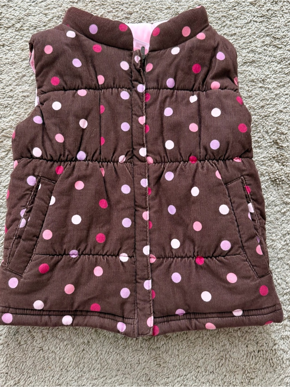 CARTERS Girls Vest Brown Pink Polka Dot Puffer Zip Up Sz 4 with Pockets